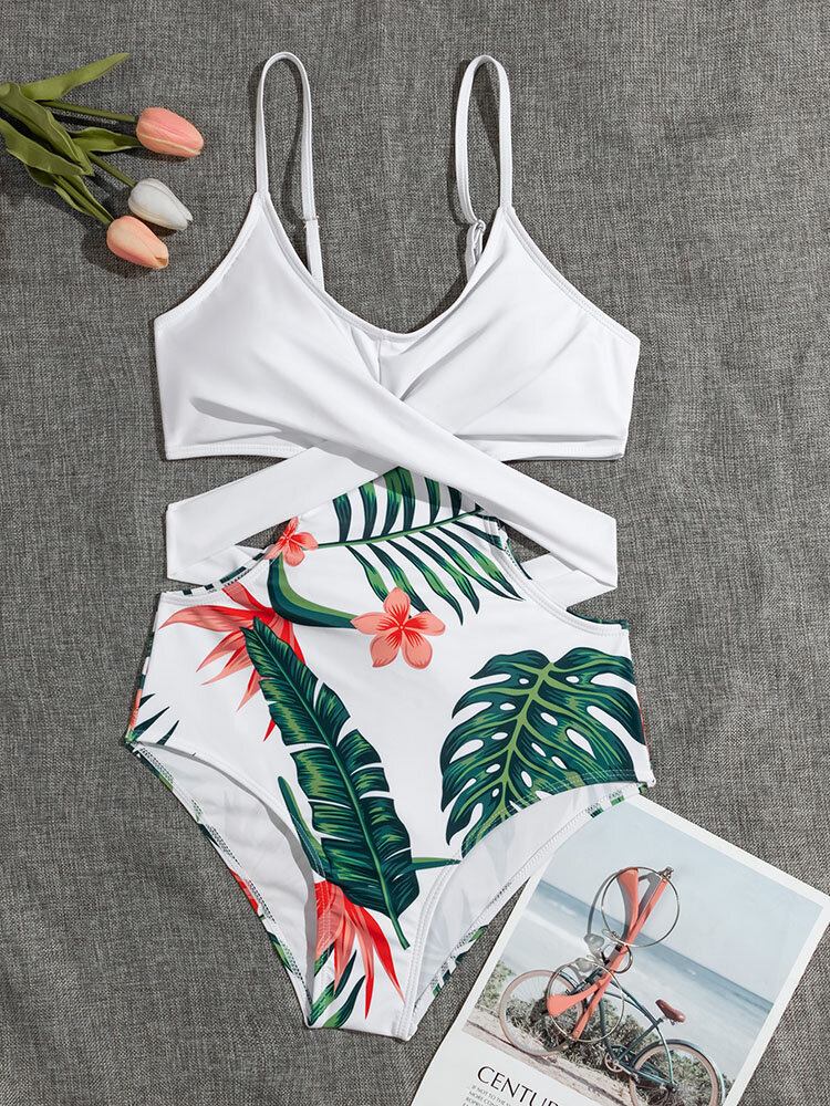 Tropical Plant Print På Kryds Og Tværs Udskåret Strappy One Piece Hawaii Style Dame Badetøj