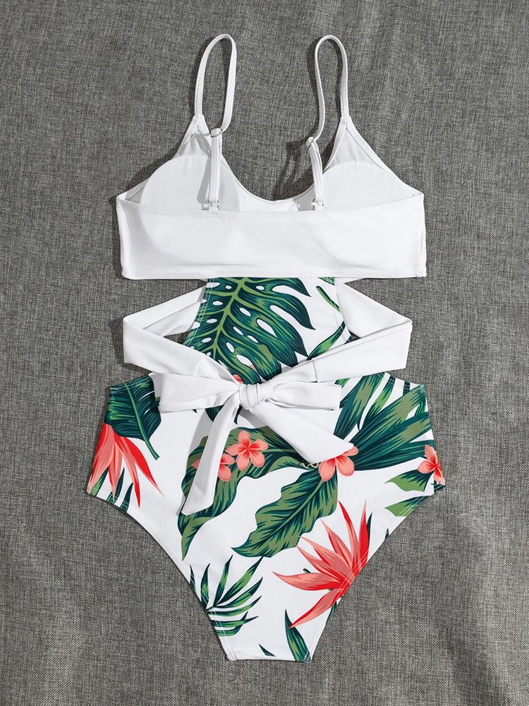 Tropical Plant Print På Kryds Og Tværs Udskåret Strappy One Piece Hawaii Style Dame Badetøj