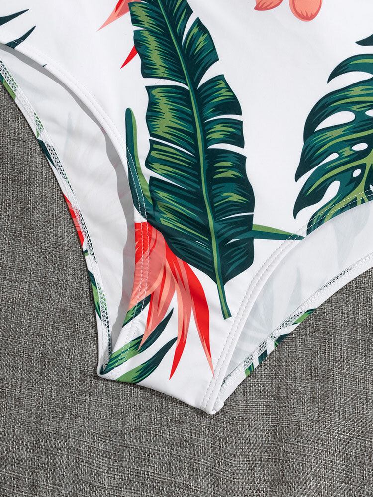 Tropical Plant Print På Kryds Og Tværs Udskåret Strappy One Piece Hawaii Style Dame Badetøj