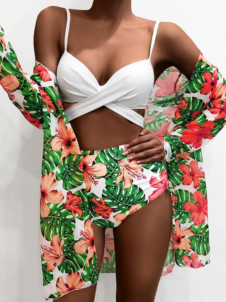 Tropical Plants Print Højtaljede Bikinier Badetøj 3-delt Sæt Med Cover Up