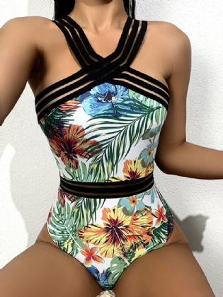 Tropical Plants Print Stribet Mesh Slankende One Piece Dame Hawaii Badedragt