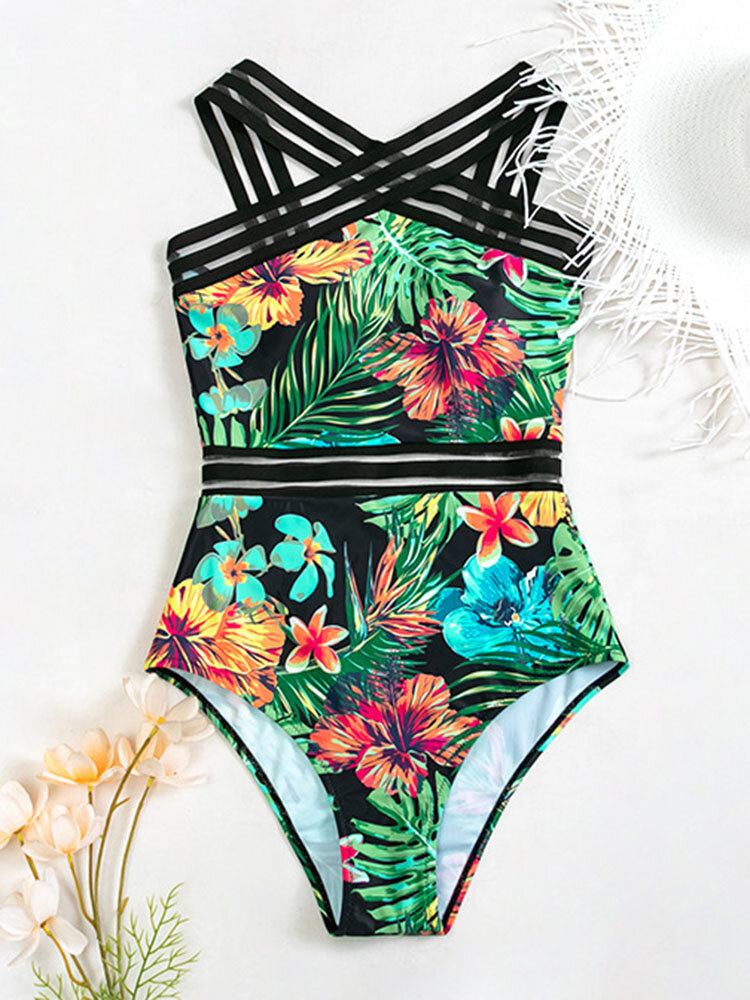 Tropical Plants Print Stribet Mesh Slankende One Piece Dame Hawaii Badedragt