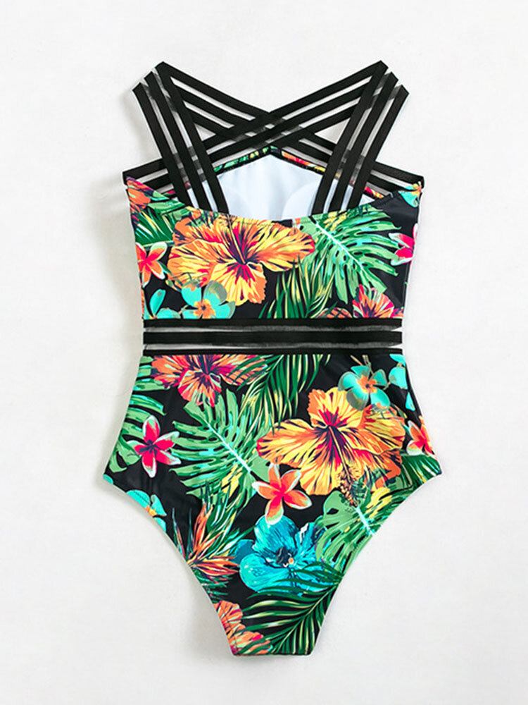 Tropical Plants Print Stribet Mesh Slankende One Piece Dame Hawaii Badedragt