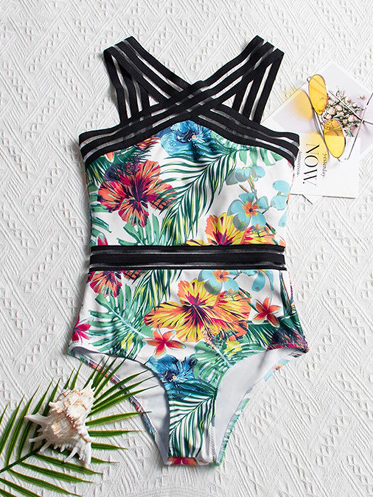 Tropical Plants Print Stribet Mesh Slankende One Piece Dame Hawaii Badedragt