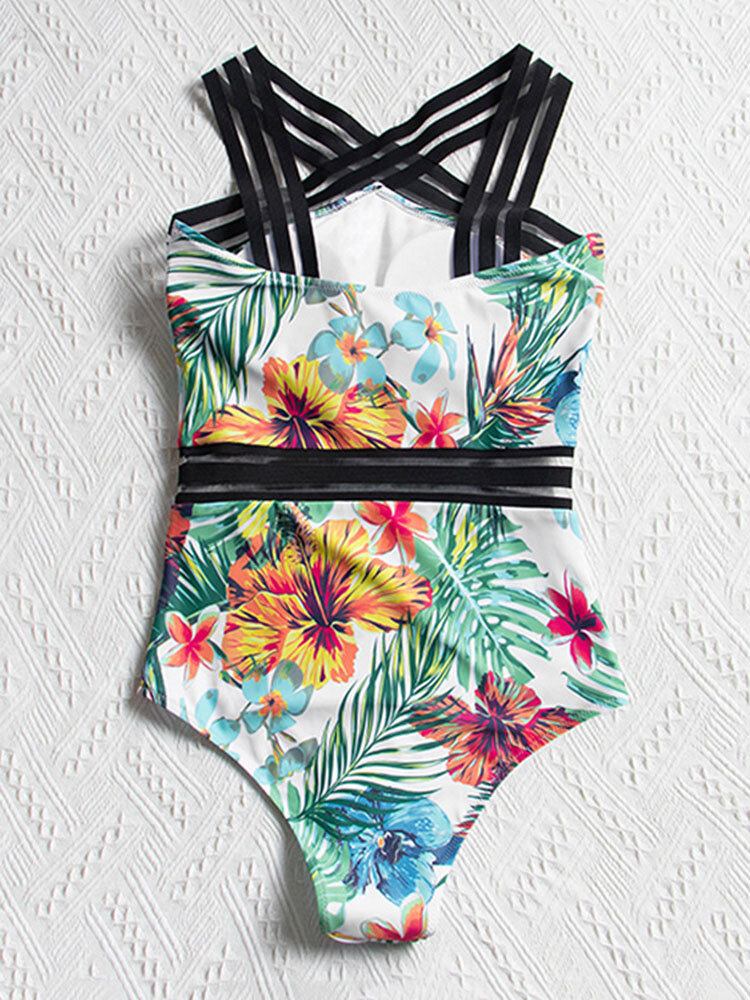 Tropical Plants Print Stribet Mesh Slankende One Piece Dame Hawaii Badedragt