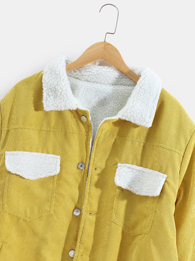 Herre Fløjlsjakke Med Flere Lommer Button Up Varm Shearling Foret Jakke