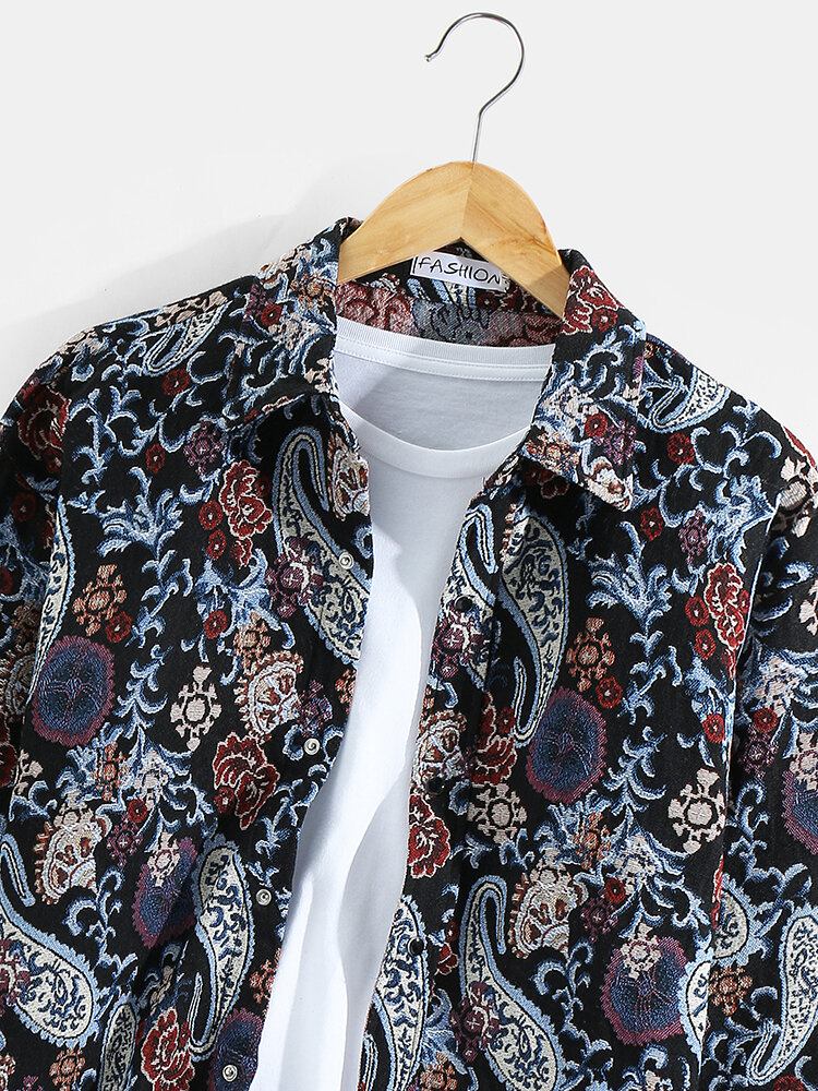 Herre Paisley Mønster Button Up Revers Skjortejakke I Etnisk Stil