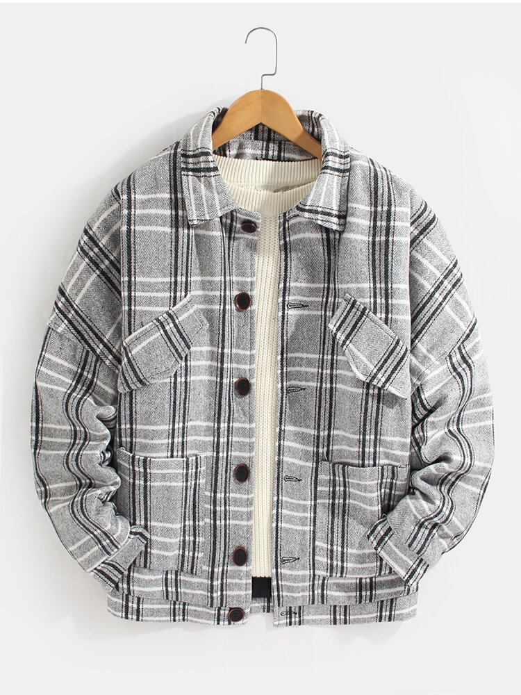 Herre Plaid Button Up Varm Langærmet Lomme Ulden Jakke