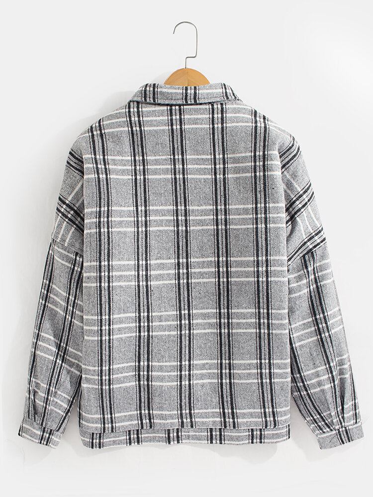 Herre Plaid Button Up Varm Langærmet Lomme Ulden Jakke