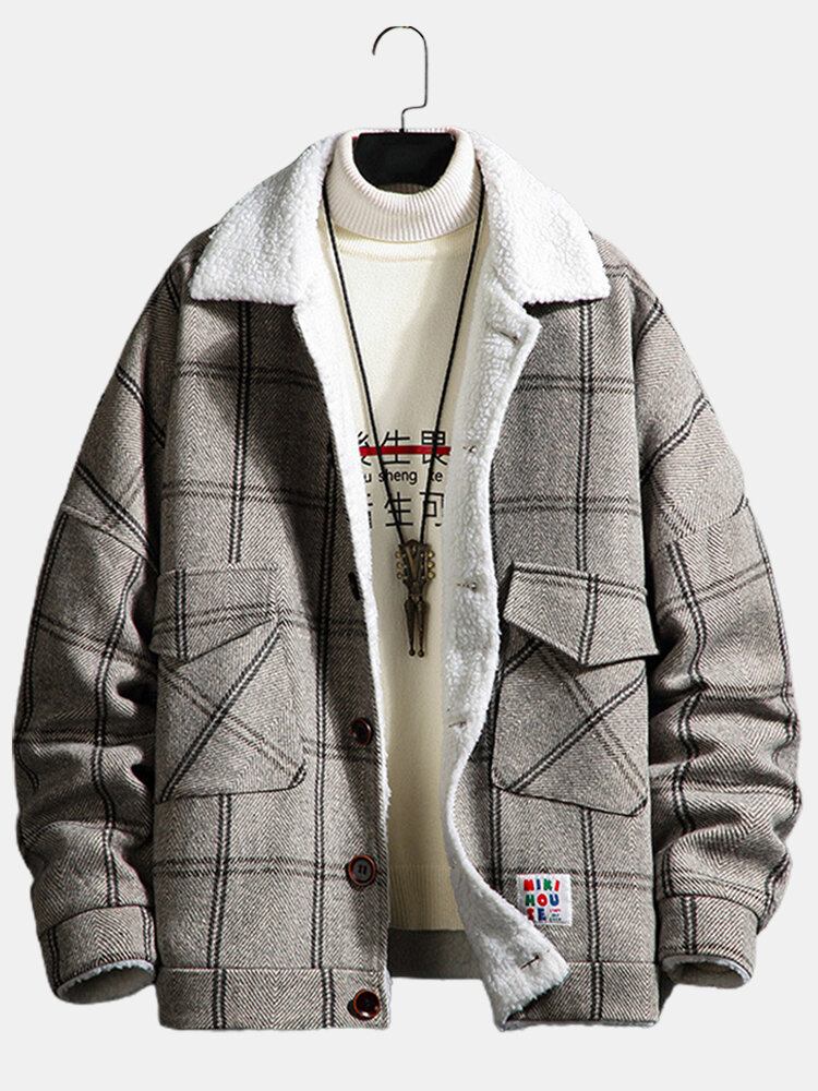 Herre Plaid Knap Front Revers Sherpa Foret Varm Dobbeltlomme Jakke