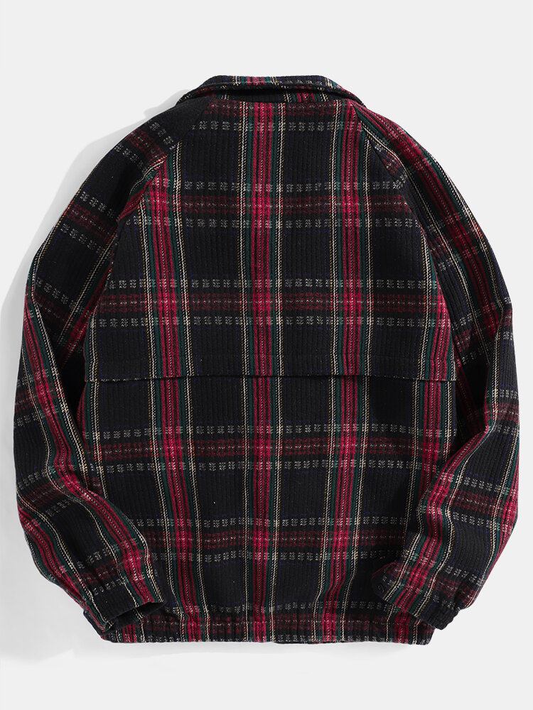 Herre Plaid Revers Lynlås Front Langærmet Vintage Jakke Med Lomme