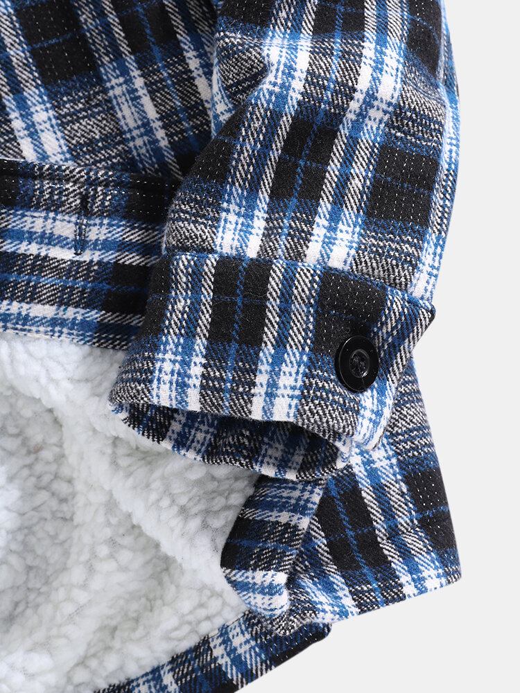 Herre Plaid Sherpaforet Revers Afslappet Jakke Med Klaplomme