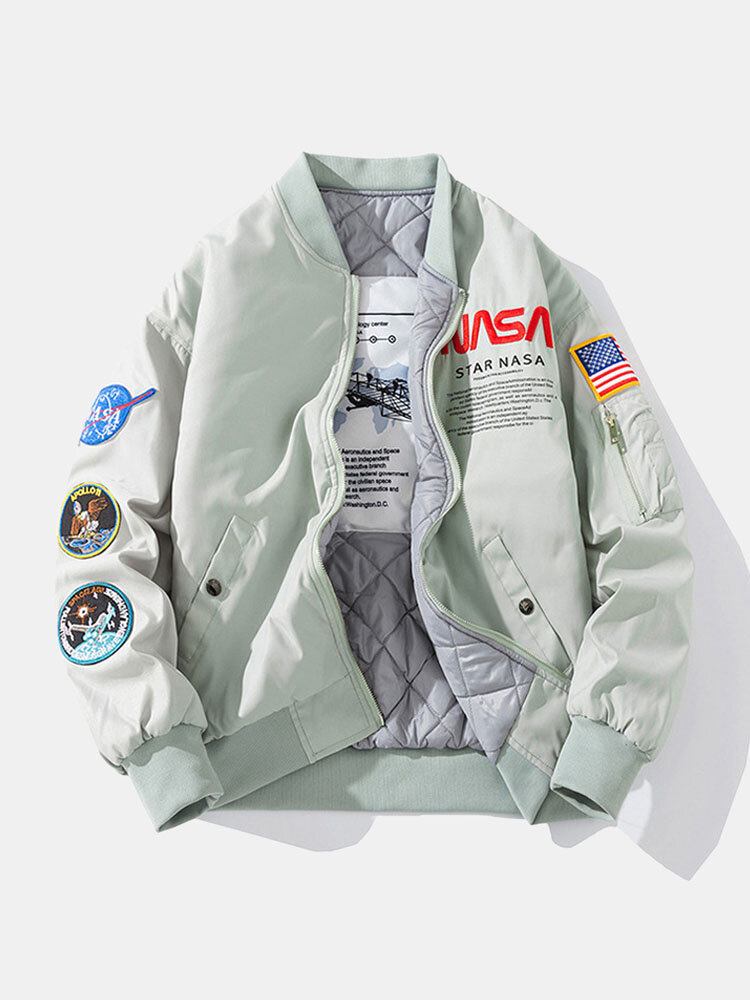 Mænd Astronaut Nasa Letter Icon Mønster Baseballkrave Lynlåslommer Casual Jakker