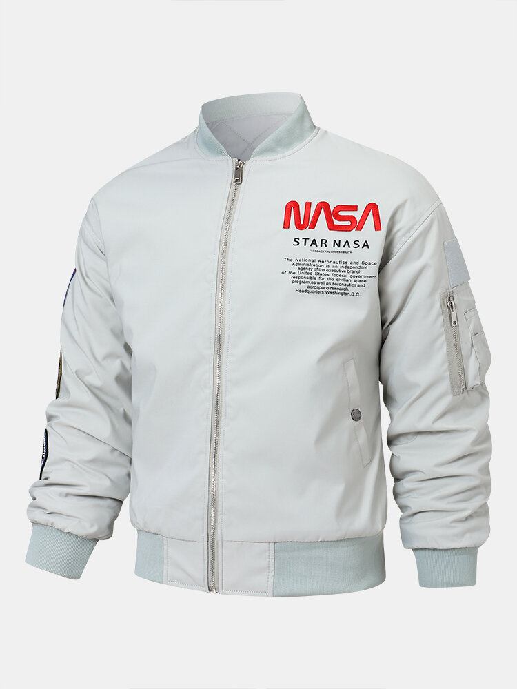 Mænd Astronaut Nasa Letter Icon Mønster Baseballkrave Lynlåslommer Casual Jakker