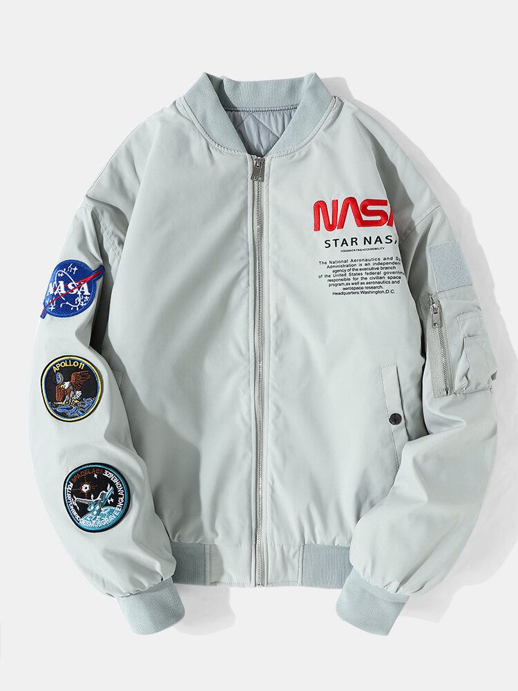 Mænd Astronaut Nasa Letter Icon Mønster Baseballkrave Lynlåslommer Casual Jakker