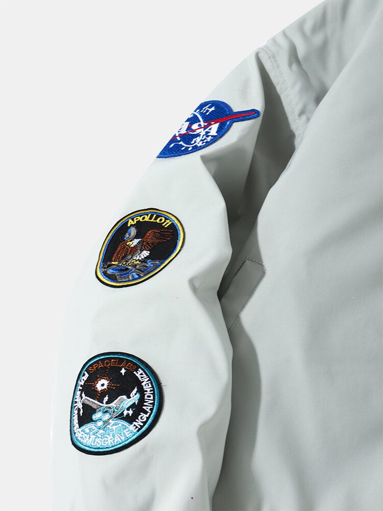 Mænd Astronaut Nasa Letter Icon Mønster Baseballkrave Lynlåslommer Casual Jakker