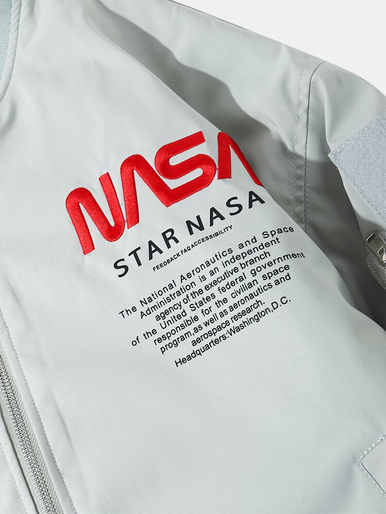 Mænd Astronaut Nasa Letter Icon Mønster Baseballkrave Lynlåslommer Casual Jakker