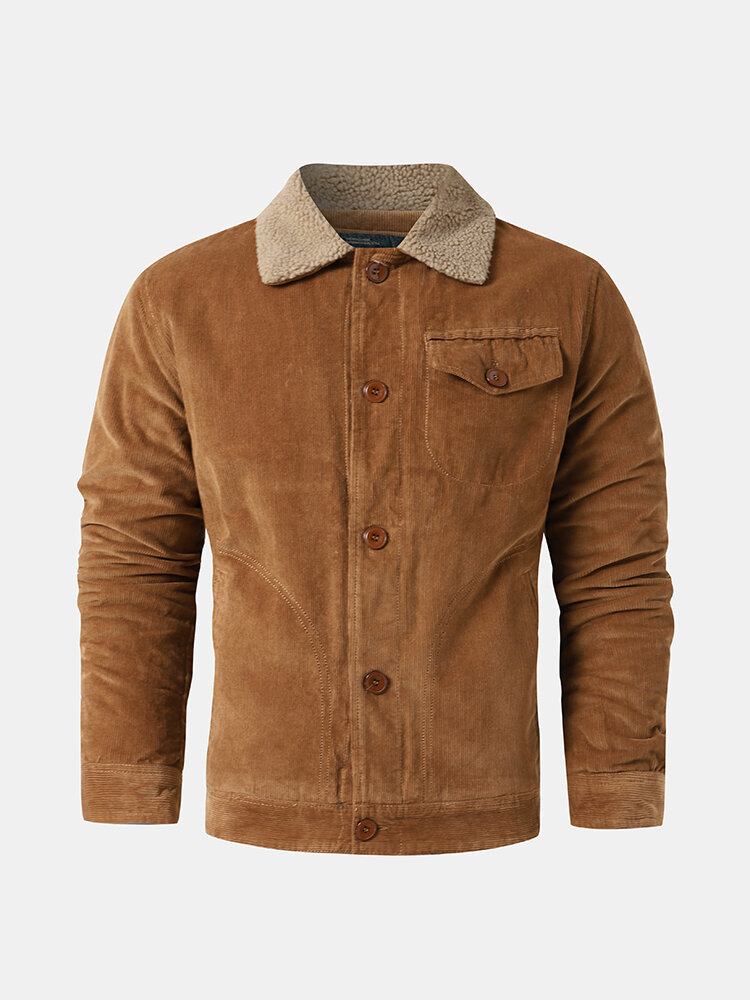 Mænd Corduroy Ensfarvede Tykke Varme Multi Pocket Buttons Casual Jakker