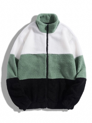 Mænd Fleece Patchwork Colorblock Stand Collar Zip Jakker