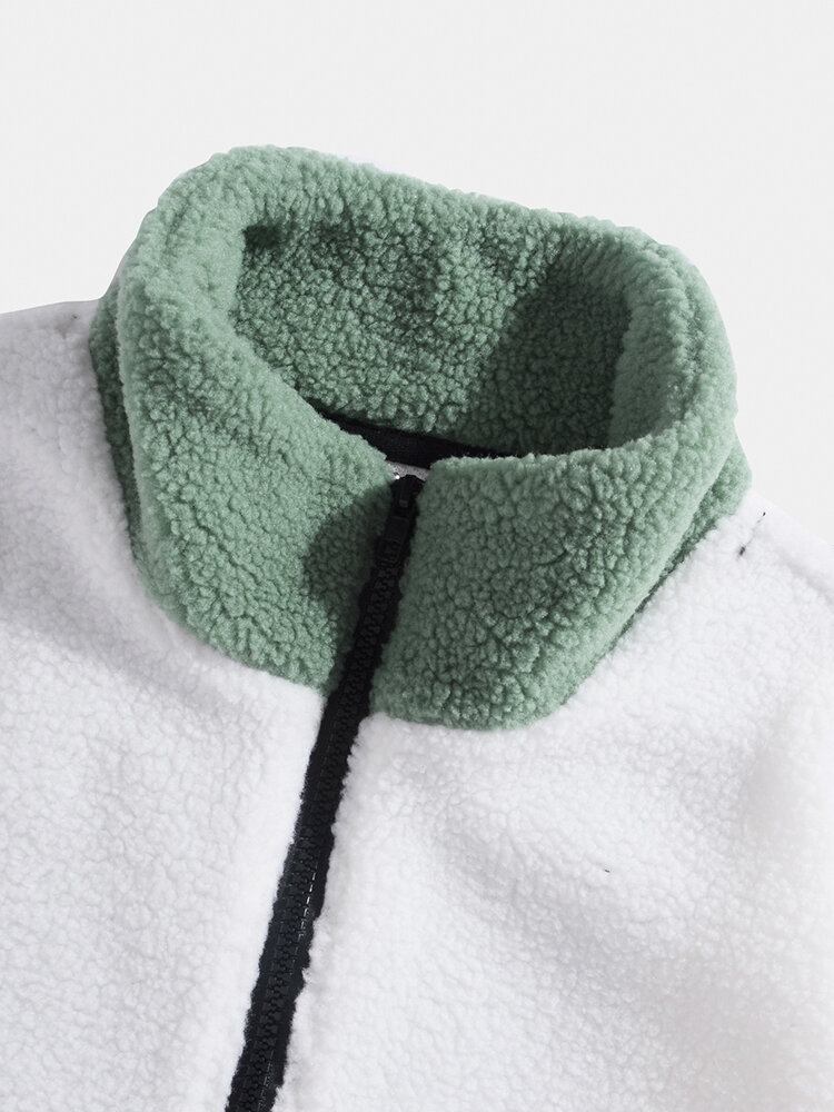 Mænd Fleece Patchwork Colorblock Stand Collar Zip Jakker