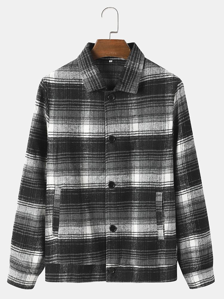 Mænd Street Plaid Bomuld Lapel Kontrast Lommer Button Skjorter Jakker