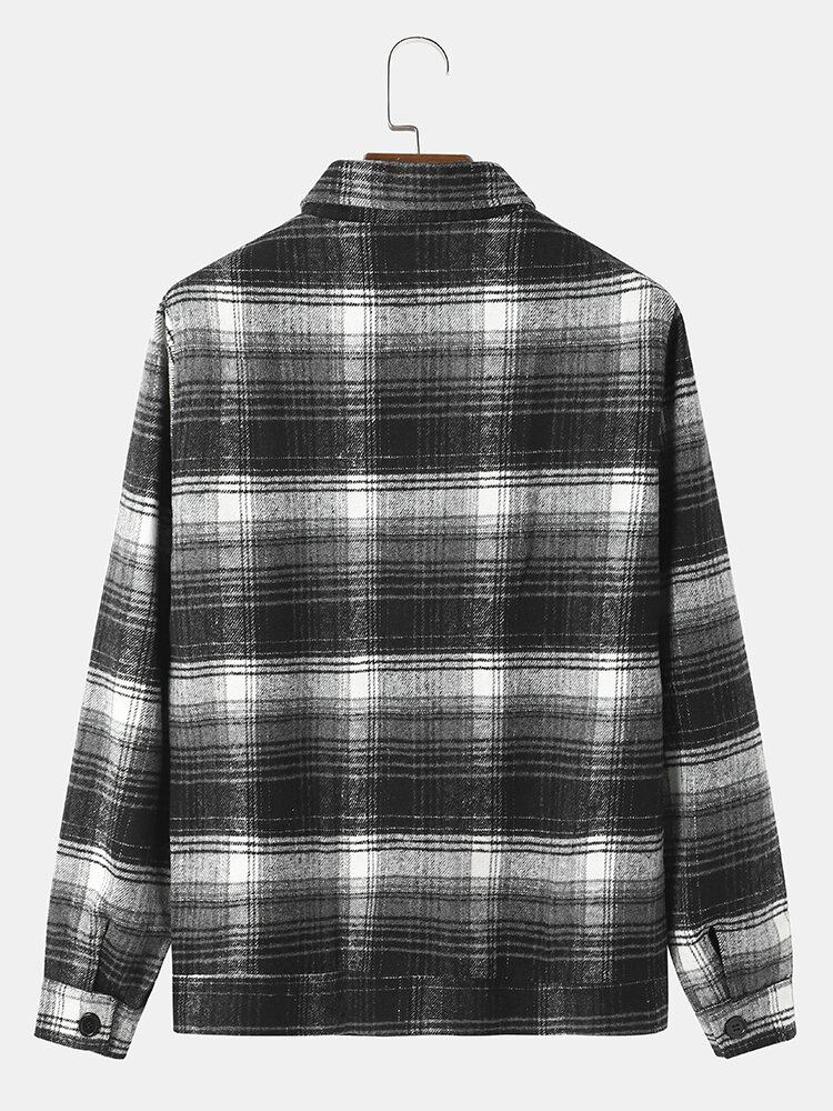 Mænd Street Plaid Bomuld Lapel Kontrast Lommer Button Skjorter Jakker