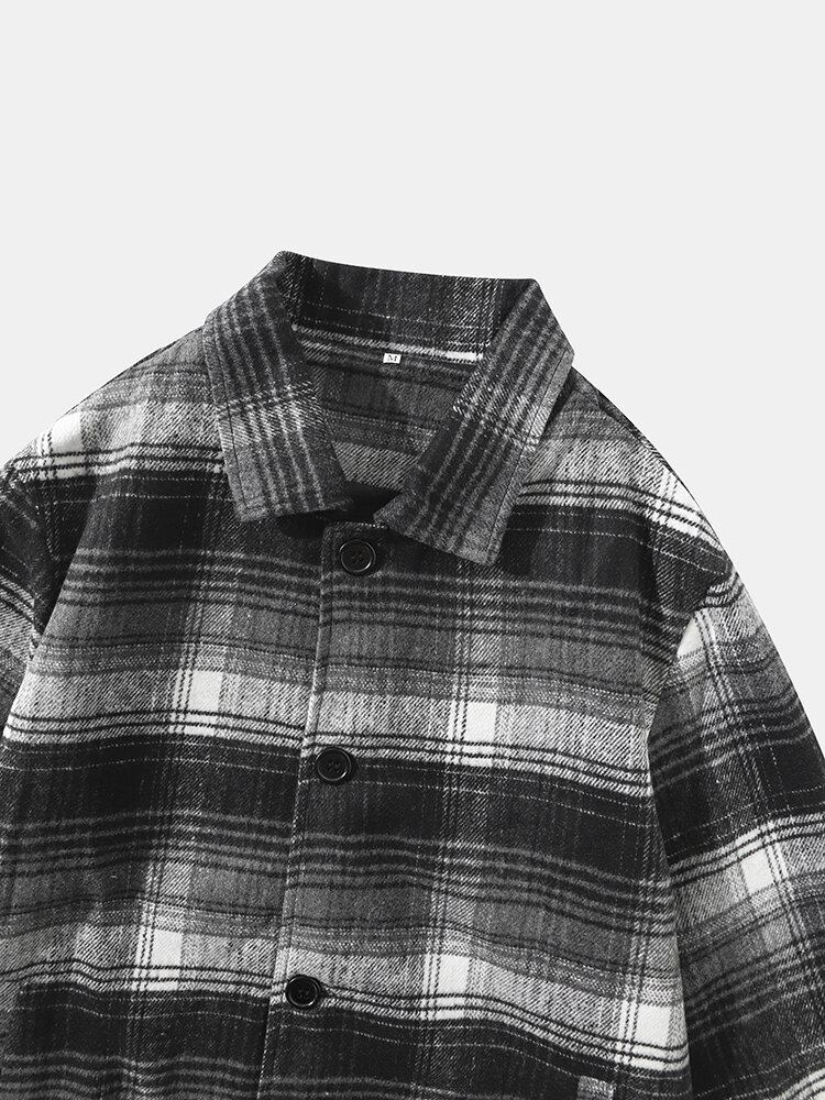 Mænd Street Plaid Bomuld Lapel Kontrast Lommer Button Skjorter Jakker