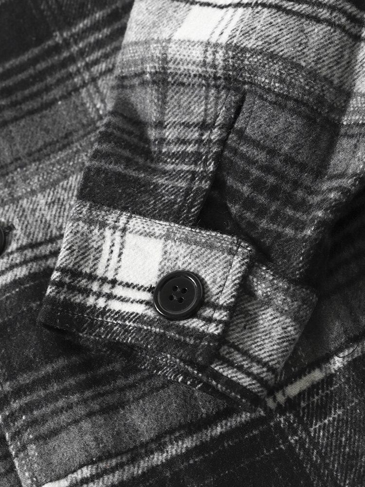 Mænd Street Plaid Bomuld Lapel Kontrast Lommer Button Skjorter Jakker