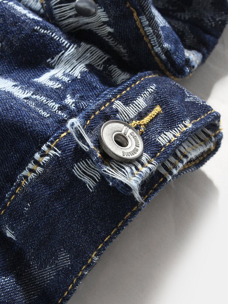 Mænds Allover Ridset Designer Afslappet Revers Denimjakke