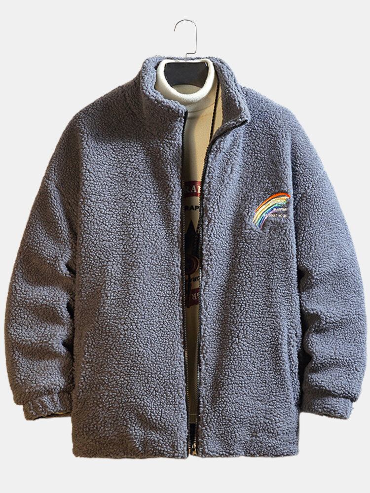 Mænds Letter Rainbow Broderet Lynlås Front Fleece Varm Casual Jakke