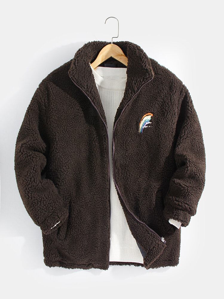 Mænds Letter Rainbow Broderet Lynlås Front Fleece Varm Casual Jakke