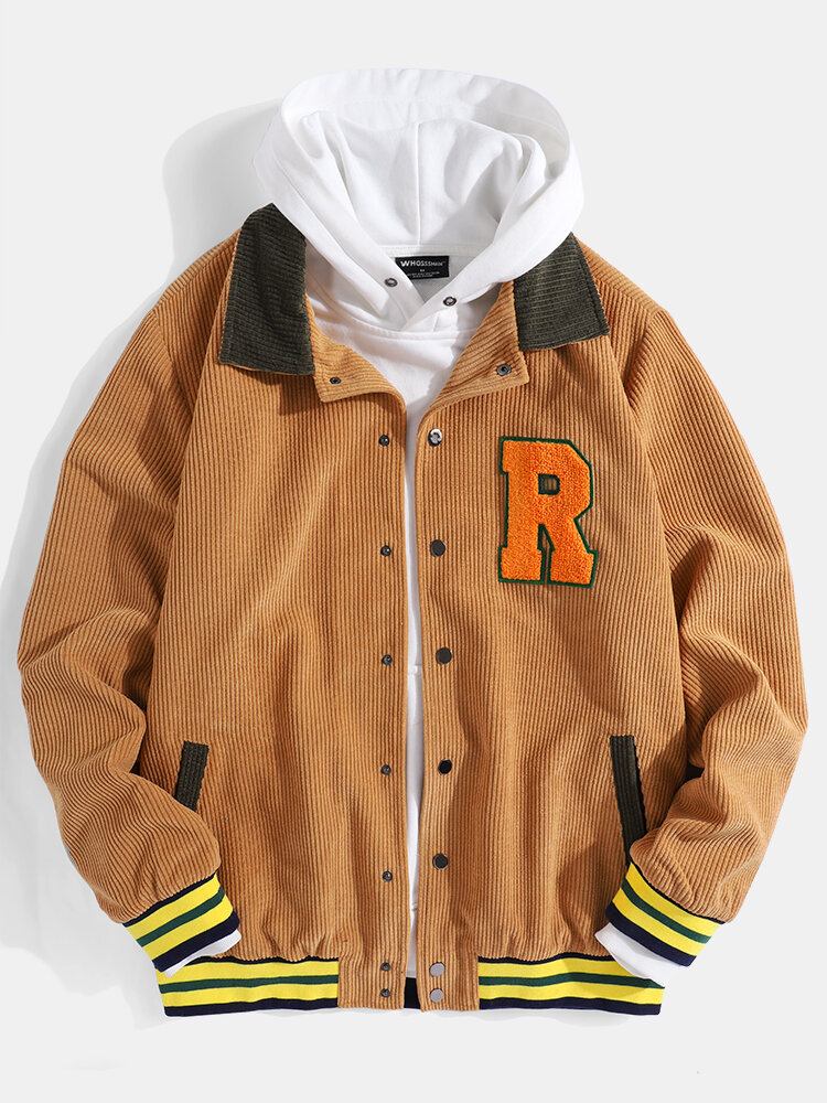 Retro Fleece Til Mænd R Corduroy Lapel Casual Varsity Jakke