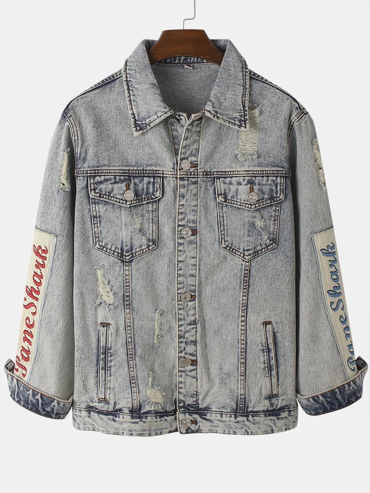 Vintage Distressed Ripped Patch Mænds Denimjakke I Bomuld