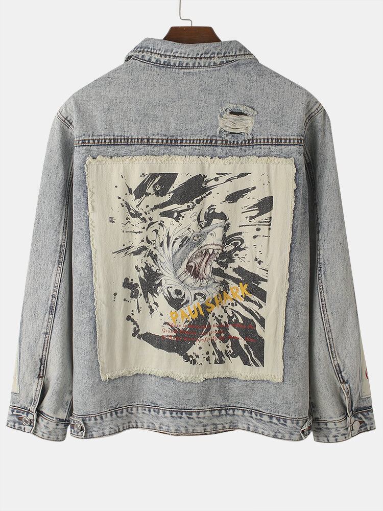 Vintage Distressed Ripped Patch Mænds Denimjakke I Bomuld