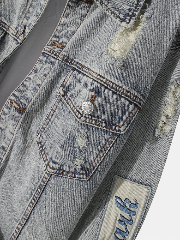 Vintage Distressed Ripped Patch Mænds Denimjakke I Bomuld