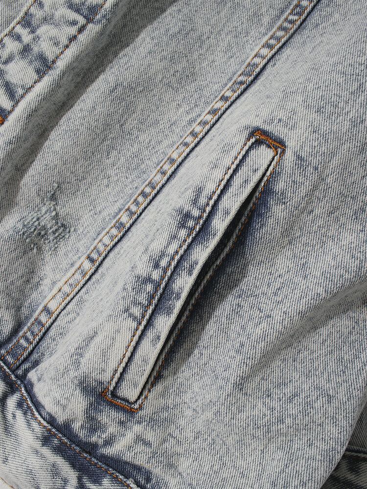 Vintage Distressed Ripped Patch Mænds Denimjakke I Bomuld