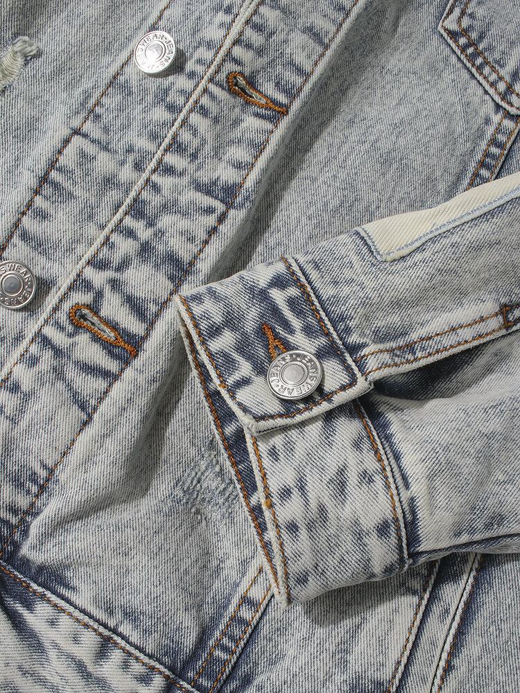 Vintage Distressed Ripped Patch Mænds Denimjakke I Bomuld