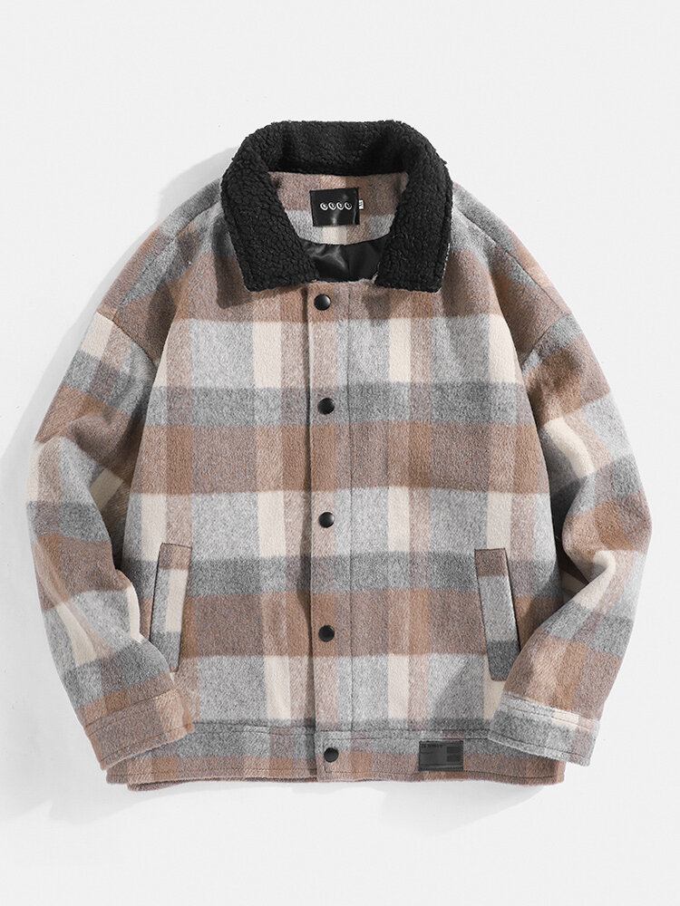 Vintage Plaid Revers Til Mænd Varm Langærmet Uldjakke Med Lomme