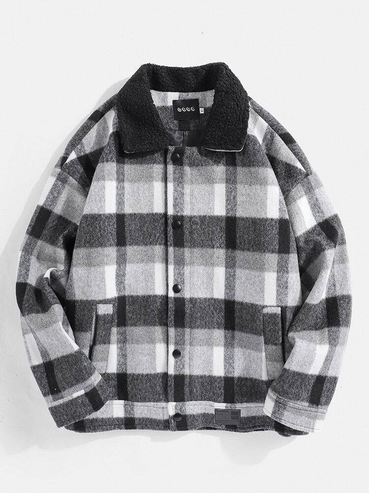 Vintage Plaid Revers Til Mænd Varm Langærmet Uldjakke Med Lomme