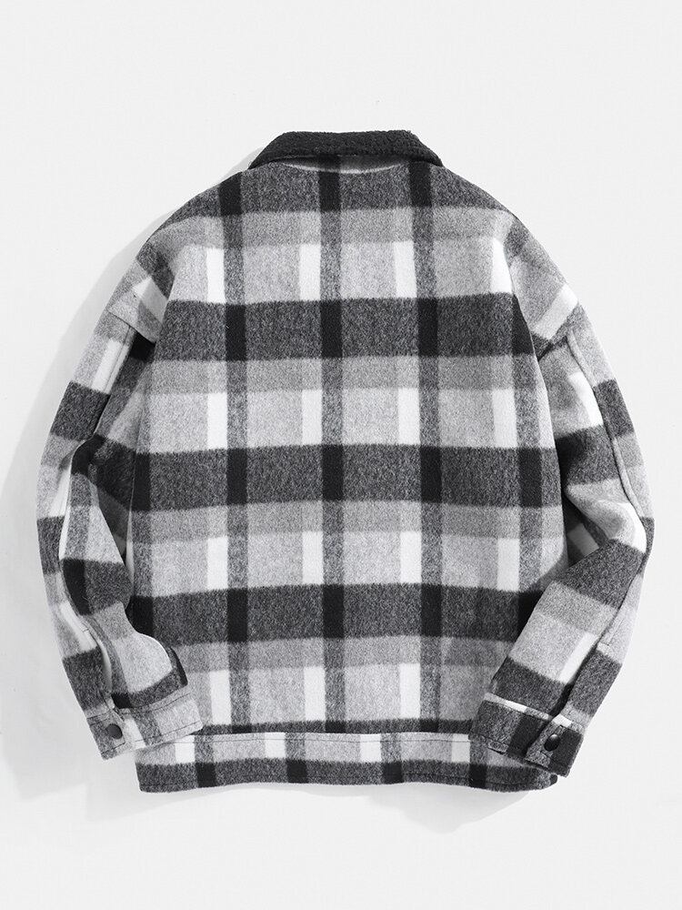 Vintage Plaid Revers Til Mænd Varm Langærmet Uldjakke Med Lomme