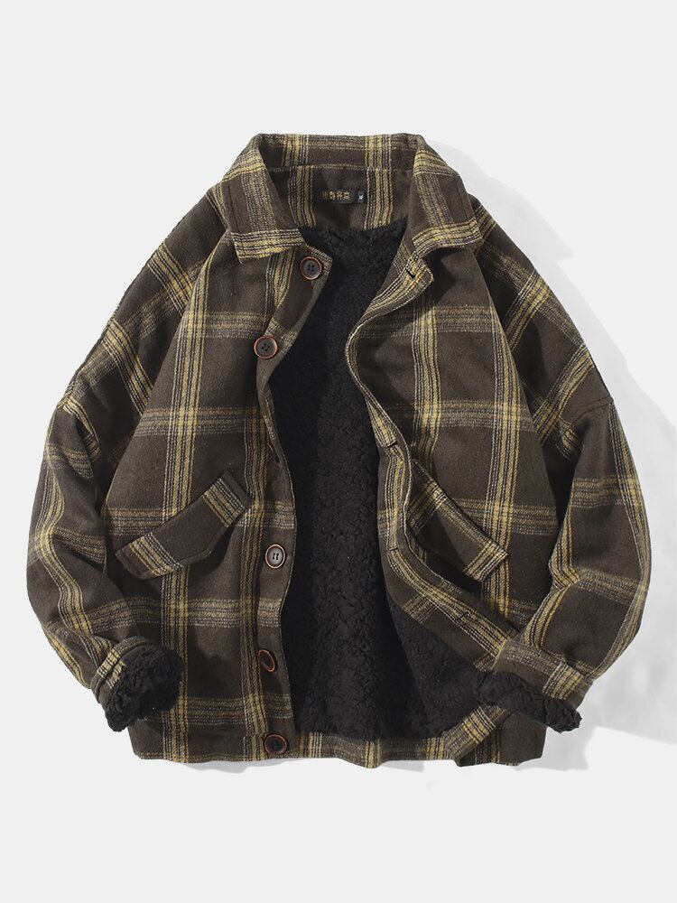 Vintage Plaid Til Mænd Med Varm Lammeuldsforet Reverslommejakke