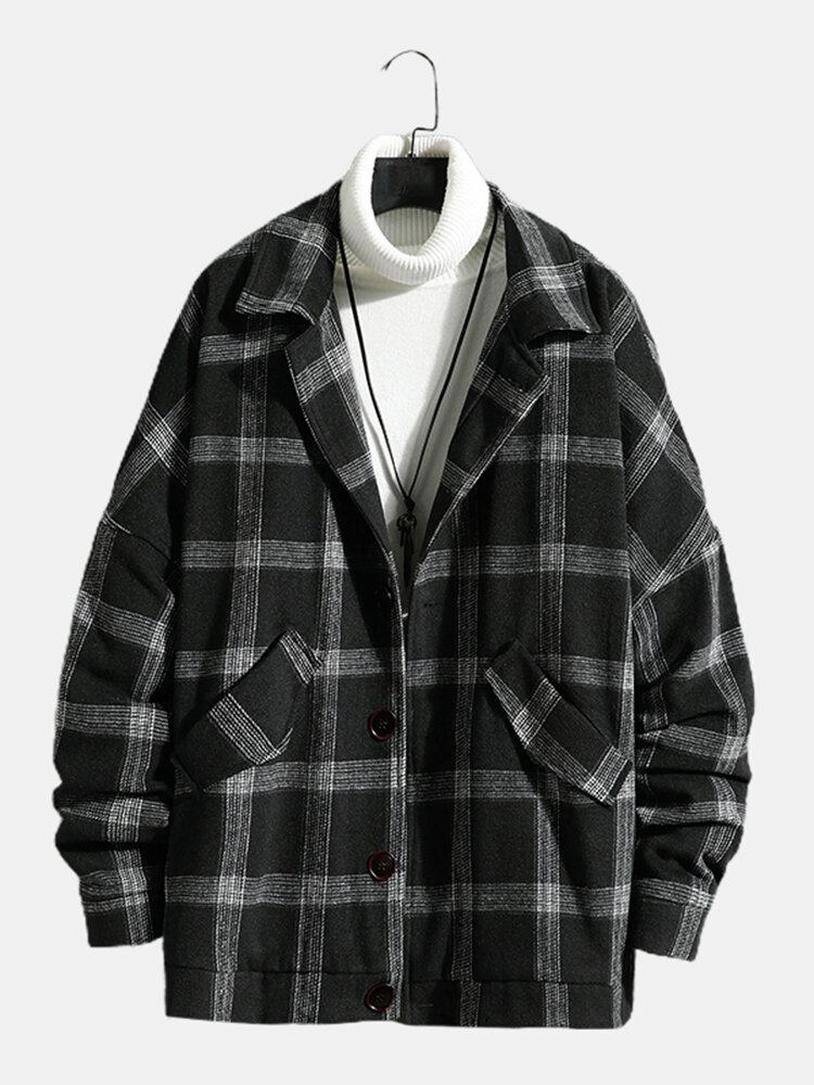 Vintage Plaid Til Mænd Med Varm Lammeuldsforet Reverslommejakke