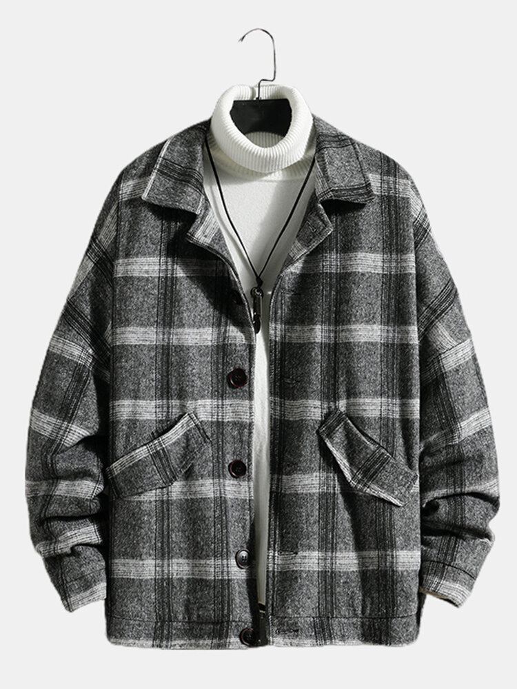 Vintage Plaid Til Mænd Med Varm Lammeuldsforet Reverslommejakke